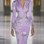 Elegant Blue Floral Print Blazer Midi Dress