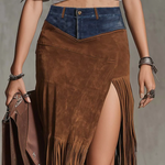 Fringe-trimmed Faux Denim Irregular Suede Midi Skirt