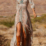 Western Style Boho Print Slit Maxi Dress