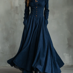 Gothic Dark Blue Faux Suede Lace-trimmed Shirt Collar Maxi Dress