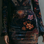 SARAH | FLORAL PRINT MINI DRESS WITH V-NECK, VELVET LACE TRIM, AND SLIM FIT