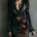 SARAH | FLORAL PRINT MINI DRESS WITH V-NECK, VELVET LACE TRIM, AND SLIM FIT