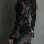 SARAH | FLORAL PRINT MINI DRESS WITH V-NECK, VELVET LACE TRIM, AND SLIM FIT