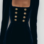 Elegant Navy Velvet Gold Buttons Mini Dress