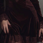 Burgundy Velvet Lace-trimmed V-neck Mini Dress