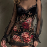 Velvet Rose Print Tulle Lace Trim Mini Dress