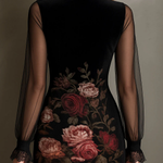 Velvet Rose Print Tulle Lace Trim Mini Dress