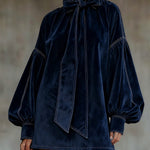 ELAINE | DARK BLUE VELVET MINI DRESS WITH BOW AND LANTERN SLEEVES