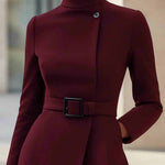 Elegant High-neck Tie-waist A-line Midi Dress (with belt)