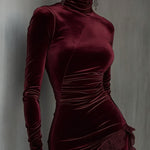 Burgundy Velvet Turtleneck Lace Hem Fitted Mini Dress