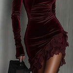 Burgundy Velvet Turtleneck Lace Hem Fitted Mini Dress