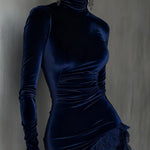 Dark Blue Velvet Turtleneck Lace Hem Fitted Mini Dress