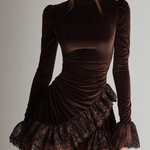 Brown Velvet Turtleneck Ruffled Lace Hem Mini Dress