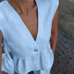 Cotton and linen V-neck ruffled two-piece suit