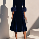 Dark Blue Feather-trimmed Velvet Round Neck Short-sleeved A-line Midi Dress
