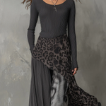 Grey Pit Stripe Leopard Print Splicing Irregular Hem Maxi Dress