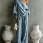Casual Elegant One Shoulder Top And Wide Leg Pants