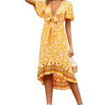 Zeagoo Women's Bohemian Floral Tie Front V Neck Midi Dresses