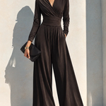 Elegant Chocolate Brown Long Sleeve Wrap Wide Leg Jumpsuit with Waist Detail
