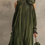 Olive Green Pleated Maxi Dress With Floral Shoulder Detail
