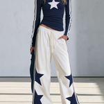 Navy Star Print Long Sleeve Top & Wide-Leg Pants Set