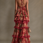 Floral Halter Neck Ruffle Top and Tiered Maxi Skirt Two-Piece Set with Burgundy Lace Trim