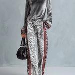 Silver Velvet Top & Leopard Print Wide-Leg Pants Set