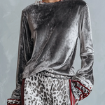 Silver Velvet Top & Leopard Print Wide-Leg Pants Set