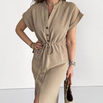 Zeagoo Women's Cotton Linen Dress Round Neck Single Breasted Button Sleeves Drawstring Slit Mid Length Dress