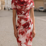 Ava Brown | Floral Cowl Neck Bodycon Midi Dress For Women