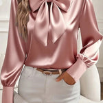 Satin Solid Color Casual Bow Long Sleeve Shirt