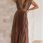 Elegant Satin Pleated V-neck Flowing Midi Dress