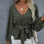 Zeagoo V Neck Leisure Long Lantern Sleeve Belt Solid Shirt Tops