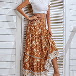 Zeagoo Women's Bohemian Floral Skirt Elastic High Waist A- Line Tiered Flowy Beach Maxi Skirt