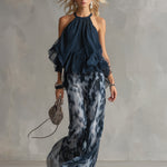 Séverine™ | Elegant navy halter neck top with printed wide-leg trousers