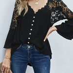 Zeagoo Lace Boho Blouses Crochet Flowy Bell Sleeve Button Down Casual T Shirts