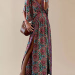 Zeagoo Women's Bohemian Printing V Neck Dress Elegant Split Ankle Length Long Dress