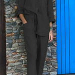 Casual Solid Color V-Neck Shirt & Pants Cotton Linen Two-Piece Set
