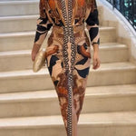 Unique Print Dolman Long Sleeve Ruched Slit Midi Dress