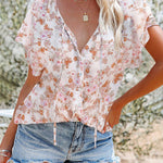 Zeagoo Women's Boho Floral Print V Neck Short Sleeve Drawstring Tops Loose Blouses Button Down Shirts
