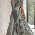 Elegant Satin Pleated V-neck Flowing Midi Dress