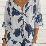 Printed Linen-Cotton V-Neck Pullover Shirt