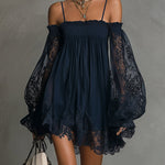 Fiorella™ | Mini Navy Chiffon Dress with Off-the-Shoulder Neckline, Lace Details, and Sheer Sleeves
