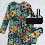 Black Bikini Top With Tropical Floral Bottoms And Kimono Cover Up Set