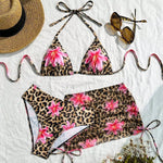 Leopard And Pink Lily Print Bikini Set With Mini Cover Up Skirt