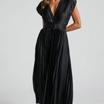 Elegant Satin Pleated V-neck Flowing Midi Dress