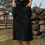 Zeagoo Women's Casual High Waist Denim Midi Skirt Drawstring Adjustable Long Jeans Skirt with Pockets