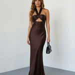 Dark Brown Cutout Satin Slim Fit Floor Length Maxi Dress