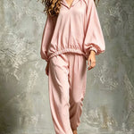 Loose V-Neck Lantern Sleeve Casual Chic Trouser Set
