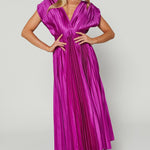 Elegant Satin Pleated V-neck Flowing Midi Dress